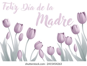 Spanish Happy Mothers Day Feliz Dia De La Madre paper craft or paper cut origami style floral tulip flowers design. With pink tulips background corner frame design elements. 