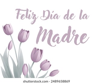 Spanish Happy Mothers Day Feliz Dia De La Madre paper craft or paper cut origami style floral tulip flowers design. With pink tulips background corner frame design elements. 