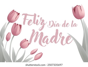 Spanish Happy Mothers Day Feliz Dia De La Madre paper craft or paper cut origami style floral tulip flowers design. With pink tulips background corner frame design elements. 