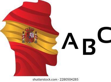Spanish head of a man pronounces the alphabet. Icon of the School of Foreign Languages in Spain. Vector template for educational institutions.