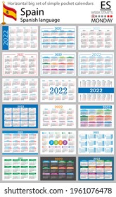 Spanish horizontal Big set of pocket calendars for 2022 (two thousand twenty two). Week starts Monday. New year. Color simple design. Vector