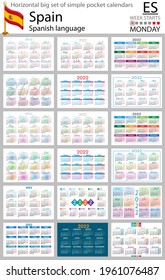 Spanish horizontal Big set of pocket calendars for 2022 (two thousand twenty two). Week starts Monday. New year. Color simple design. Vector