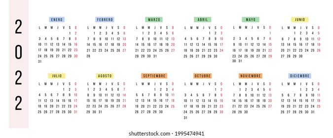 Spanish horizontal calendar 2022 year. Vector stationery calendar week starts Monday. Yearly organizer. Simple calendar template in minimal design. Business illustration.