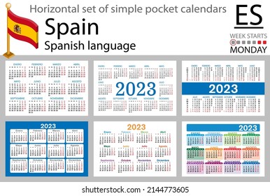 Spanish horizontal pocket calendar for 2023 (two thousand twenty three). Week starts Monday. New year. Color simple design. Vector