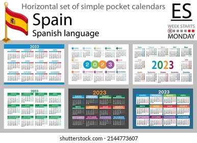 Spanish horizontal pocket calendar for 2023 (two thousand twenty three). Week starts Monday. New year. Color simple design. Vector