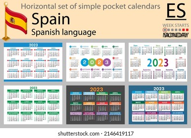 Spanish horizontal pocket calendar for 2023 (two thousand twenty three). Week starts Sunday. New year. Color simple design. Vector