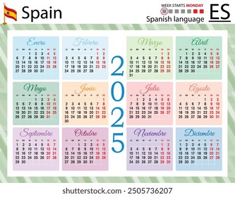 Spanish horizontal pocket calendar for 2025 (two thousand twenty five). Week starts Monday. New year. Color simple design. Vector