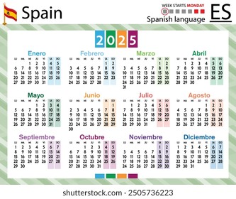 Spanish horizontal pocket calendar for 2025 (two thousand twenty five). Week starts Monday. New year. Color simple design. Vector
