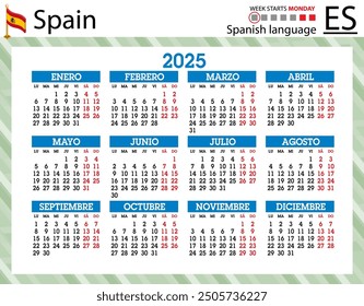Spanish horizontal pocket calendar for 2025 (two thousand twenty five). Week starts Monday. New year. Color simple design. Vector