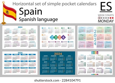 Spanish horizontal set of pocket calendar for 2024 (two thousand twenty four). Week starts Monday. New year. Color simple design. Vector