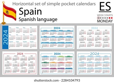 Spanish horizontal set of pocket calendar for 2024 (two thousand twenty four). Week starts Monday. New year. Color simple design. Vector