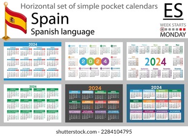 Spanish horizontal set of pocket calendar for 2024 (two thousand twenty four). Week starts Monday. New year. Color simple design. Vector