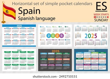 Spanish horizontal set of pocket calendar for 2025 (two thousand twenty five). Week starts Sunday. New year. Color simple design. Vector