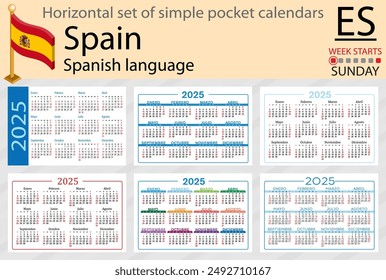 Spanish horizontal set of pocket calendar for 2025 (two thousand twenty five). Week starts Sunday. New year. Color simple design. Vector