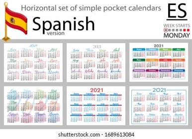 Spanish horizontal set of pocket calendars for 2020 (two thousand twenty one). Week starts Monday. New year. Color simple design. Vector
