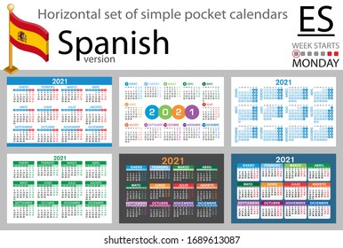 Spanish horizontal set of pocket calendars for 2020 (two thousand twenty one). Week starts Monday. New year. Color simple design. Vector