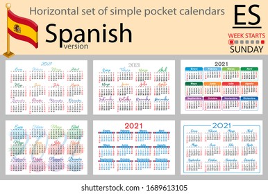 Conjunto horizontal español de calendarios de bolsillo para 2020 (dos mil veintiún). La semana empieza el lunes. Año nuevo. Diseño sencillo en color. Vector