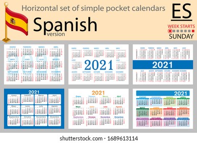 Spanish horizontal set of pocket calendars for 2020 (two thousand twenty one). Week starts Monday. New year. Color simple design. Vector