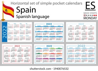Spanish horizontal set of pocket calendars for 2022 (two thousand twenty two). Week starts Monday. New year. Color simple design. Vector
