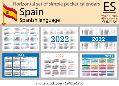 Spanish horizontal set of pocket calendars for 2022 (two thousand twenty two). Week starts Sunday. New year. Color simple design. Vector