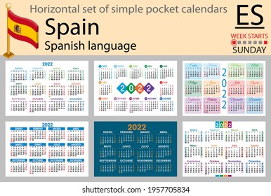 Spanish horizontal set of pocket calendars for 2022 (two thousand twenty two). Week starts Sunday. New year. Color simple design. Vector