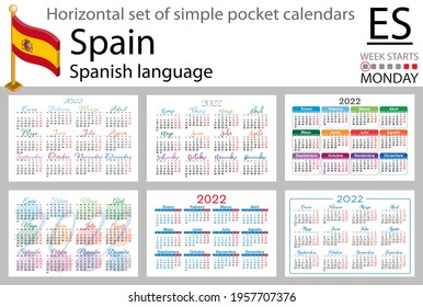 Spanish horizontal set of pocket calendars for 2022 (two thousand twenty two). Week starts Monday. New year. Color simple design. Vector