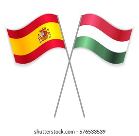 Spanish and Hungarian crossed flags. Spain combined with Hungary isolated on white. Language learning, international business or travel concept.
