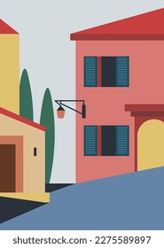 Spanish or Italian city or town architecture, facade or exterior of houses and building. Street with construction, windows and lantern. Sightseeing and traveling, tourism. Vector in flat style
