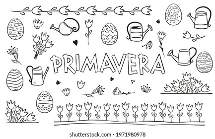 Spanish or Italian Spring coloring. Doodle Elements for seasonal calendar. Hand-drawn doodle objects isolated on white background. Vector illustration for yearbooks and calendars for Spain and Italy.