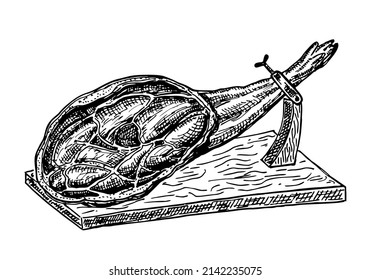 Spanish jamon hand drawn sketch illustration. Jamon, traditional jerky,dried pork, ham sketch, wooden chopping stand. Meat product or farm pork engraving vector. engraving, vintage style