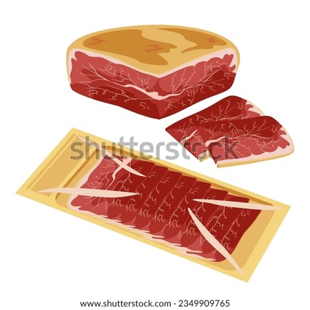 Spanish jamon iberico, serrano ham, talian prosciutto crudo. Isolated on white background.  Jerked ham, isolated on white background. Meat delicacies. Vector illustration.