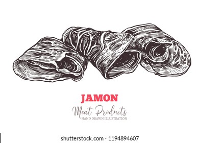 Spanish jamon, italian prosciutto crudo or parma ham in vector hand drawn style. Slices of dry cured meat sketch illustration. Farm natural product