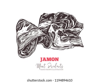 Spanish jamon, italian prosciutto crudo or parma ham in vector hand drawn style. Slices of dry cured meat sketch illustration. Farm natural product