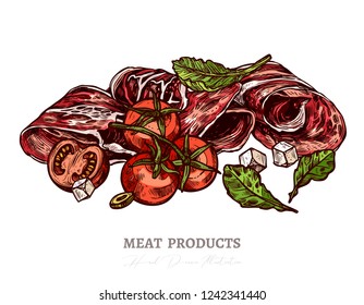 Spanish jamon, italian prosciutto crudo or parma ham in vector hand drawn style. Slices of dry cured meat sketch illustration with cherry tomatos and salad. Farm natural product