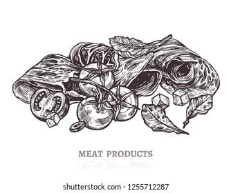 Spanish jamon, italian prosciutto crudo or parma ham in vector hand drawn style. Slices of dry cured meat sketch illustration with cherry tomatos and salad. Farm natural product