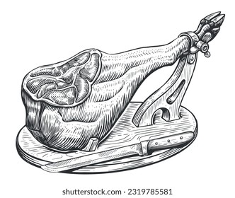 jamón español sobre un atril y cuchillo de madera. Jamón seco, boceto de comida de carne. Grabado vintage de ilustración vectorial