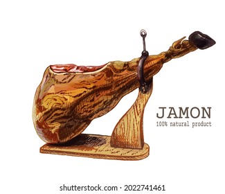 Spanish jamon, traditional jerky, pork jerky, ham sketch, wooden chopping stand, colorful, vintage style, farm meat product, Spanish jamon, Iberico, Serrano