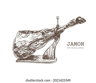 Spanish jamon, traditional jerky,dried pork, ham sketch, wooden chopping stand, engraving, vintage style, farm meat product, Spanish jamon, Iberico, serrano