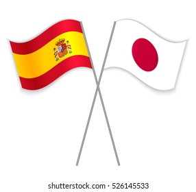 Spanish and Japanese crossed flags. Spain combined with Japan isolated on white. Language learning, international business or travel concept.