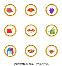 Spanish journey icons set. Cartoon illustration of 9 spanish journey vector icons for web design