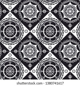 Spanish lace black and white seamless pattern. Monochrome mandala art. Mosaic tile ornament. Arabian style abstract vector backdrop. Half circles, diagonal lines geometric background