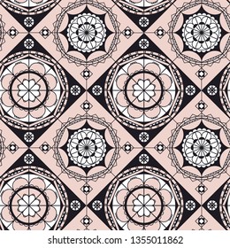 Spanish lace color vector seamless pattern. Pale pink mandala art. Black, white and rose pink arabesque ornament. Arabian style abstract vector backdrop. Geometric oriental background