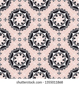 Spanish lace vector seamless pattern. Geometrical mandala art tile ornament. Pale pink, black and white backdrop in vintage style. Circles, half circles, triangles background. Abstract wallpaper