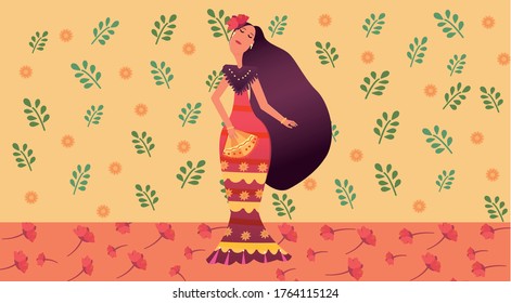 Spanish lady with fan and flowers pattern