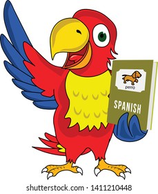 Spanish language book presenting by a happy cartoon character parrot