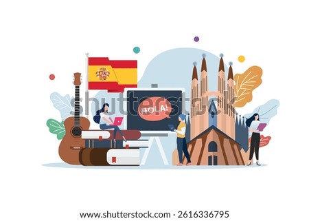 Spanish language class with miniature people. School education vector cartoon