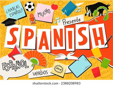 Español. Collage de idiomas. ¿Hablas Espanol? Hallo...Traducción: "¿Hablas español, hola? Presente, español, idioma, futuro, mucho, para, verbos"