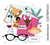 Spanish language concept. Language school spanish listening, reading and speaking course. Foreign languages studying. Idea of global communication. Flat vector illustration