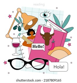 Spanish language concept. Language school spanish listening, reading and speaking course. Foreign languages studying. Idea of global communication. Flat vector illustration