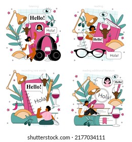 Spanish language concept set. Language school spanish listening, reading and speaking course. Foreign languages studying. Idea of global communication. Flat vector illustration